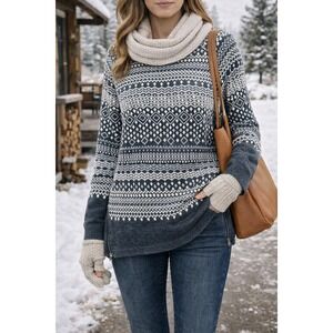 T by Talbots Fair Isle Knit Sweater Womens Large Petite Nordic Cozy Zip Hem